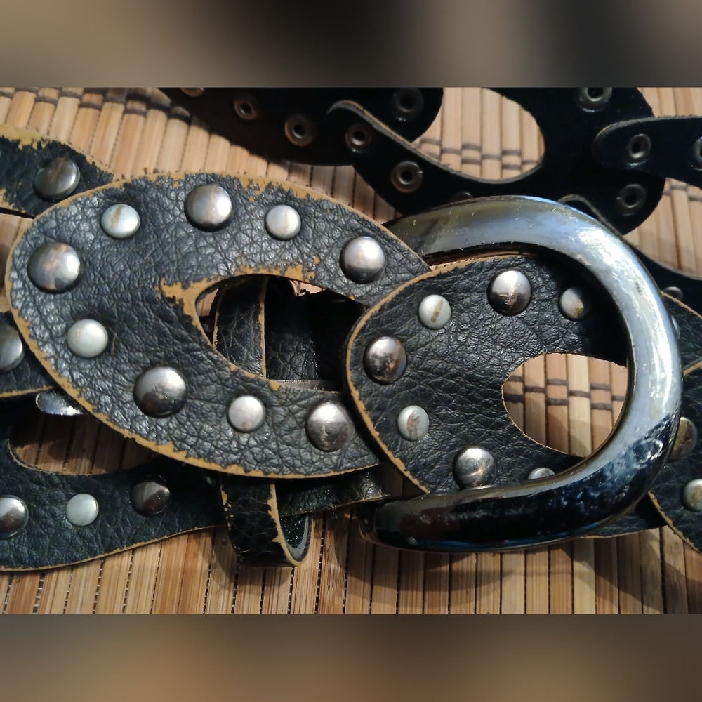 Vintage Boho Black Leather Studded Chain Belt - Picture 2 of 2